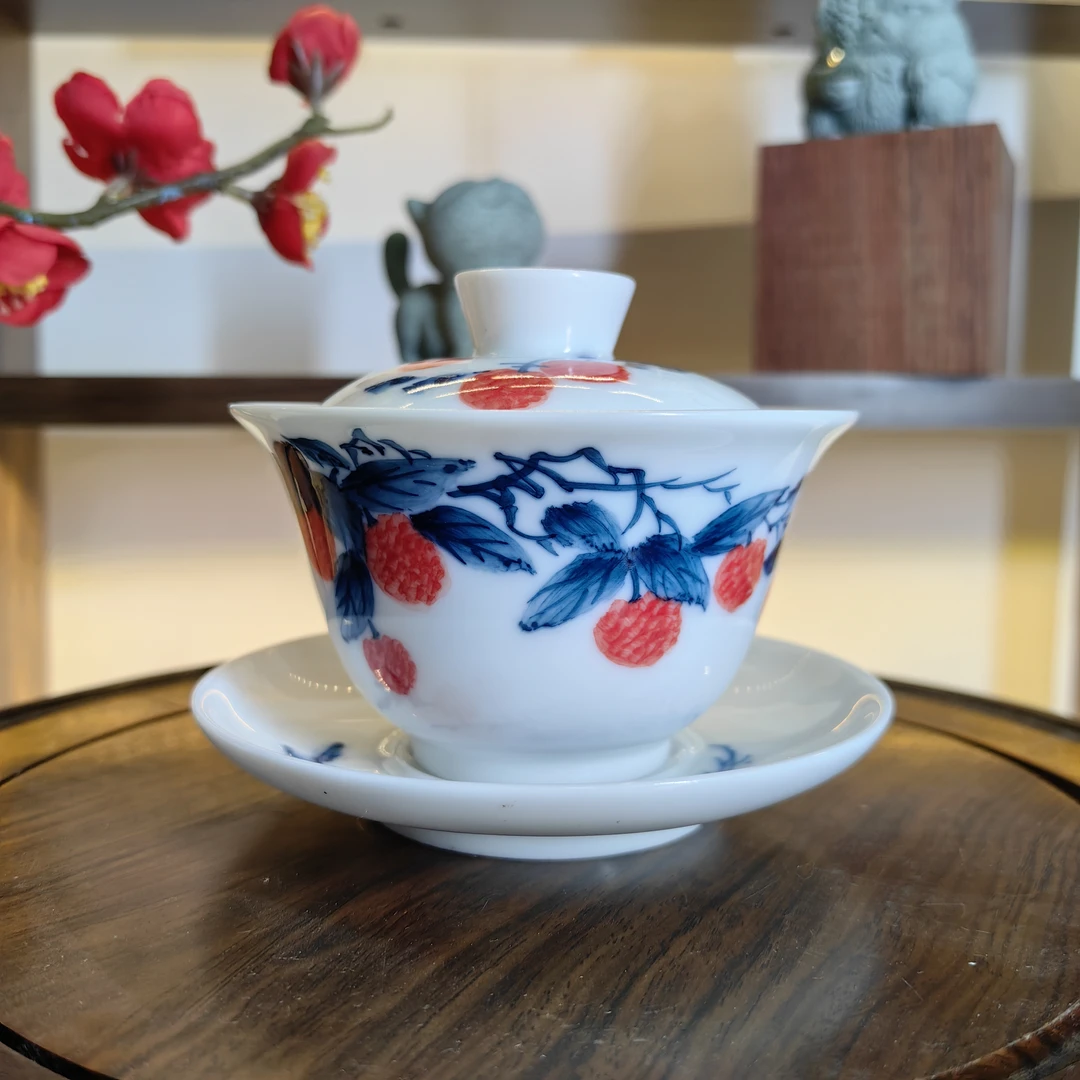 【瑕疵特价】羊脂玉手绘荔枝釉下彩荔枝三才盖碗