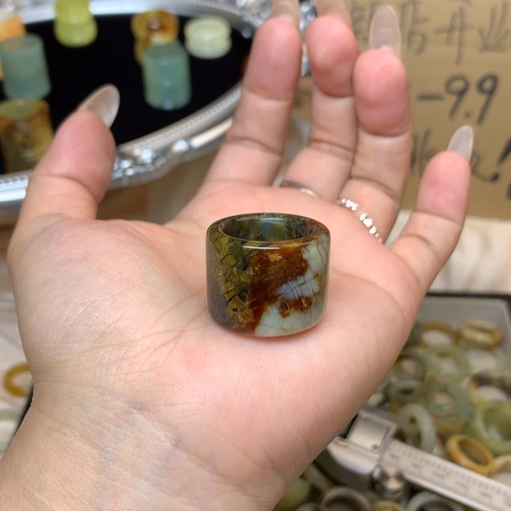 小***天合金蛇纹石玉戒指