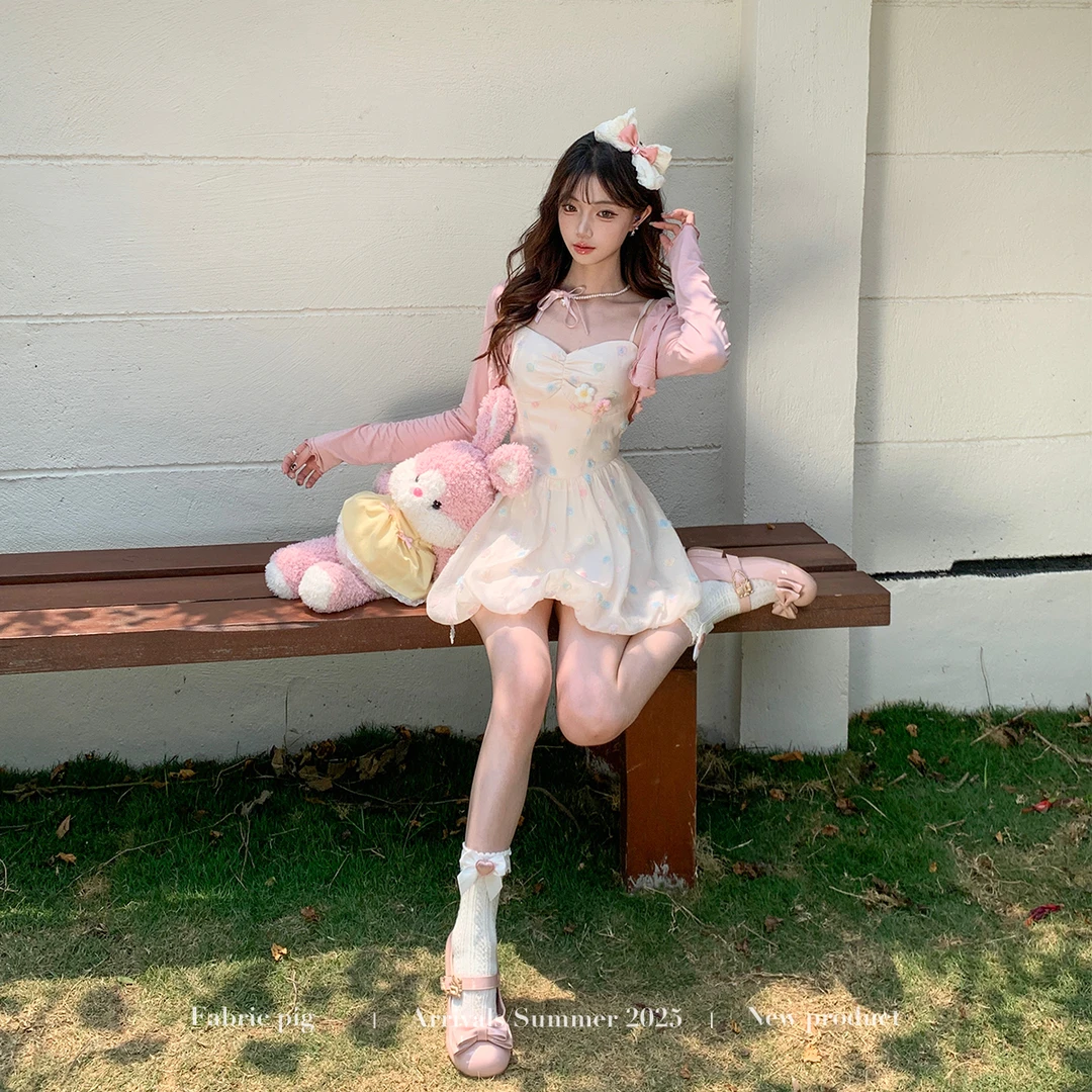 杏桃甜心 织物猪原创 甜欲风杏色花苞连衣裙女夏立体小花粉色开衫