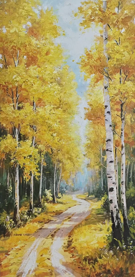 轻奢风白桦林风景油画玄关客厅装饰画手绘高级走廊树林意境风格