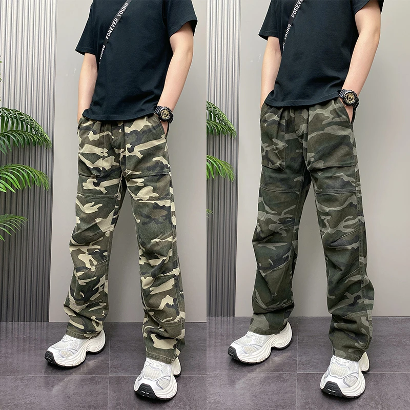 春夏美式新款迷彩工装裤男士2025复古设计感宽松休闲裤阔腿弯刀裤
