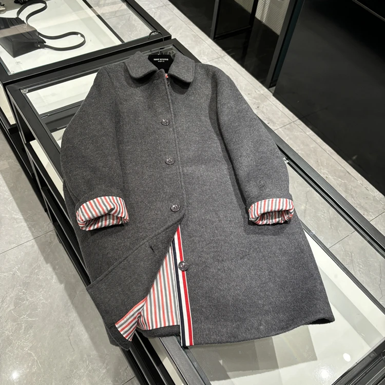 25年春装新款女装  时尚经典灰色单排扣中长款毛呢大衣-W079