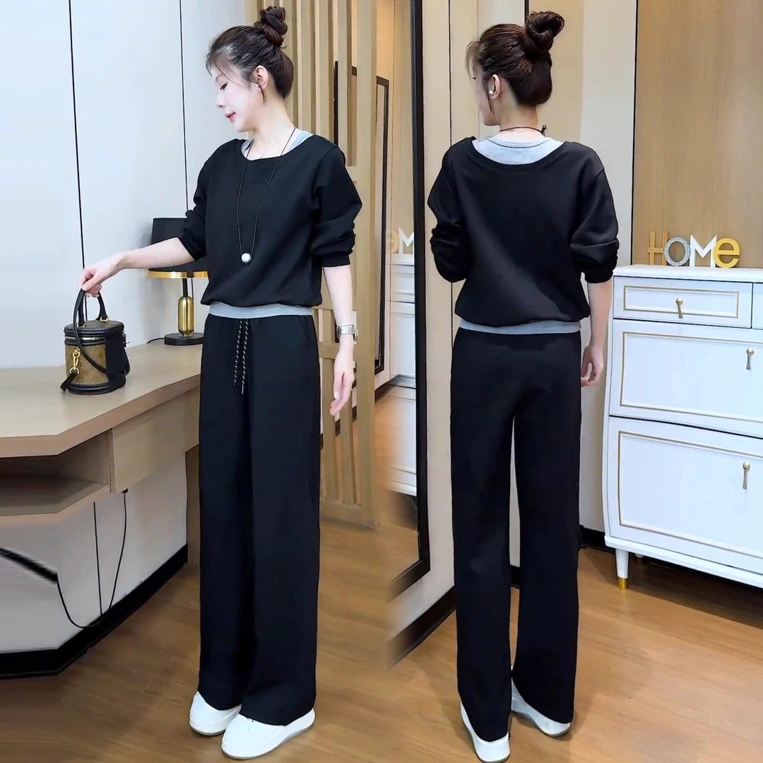 时尚休闲运动套装女2025秋季新款洋气显瘦假两件卫衣阔腿裤两件套