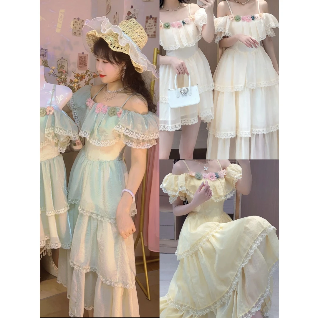 【D6】春夏甜美欧若风收腰显瘦减龄花朵一字肩蕾丝拼接吊带连衣裙