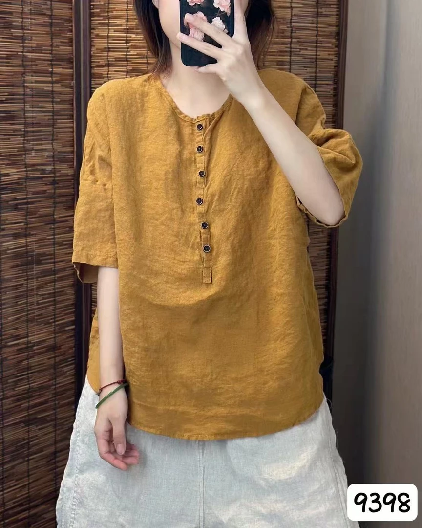 9398砂洗汉麻套头衬衫减龄时尚文艺范