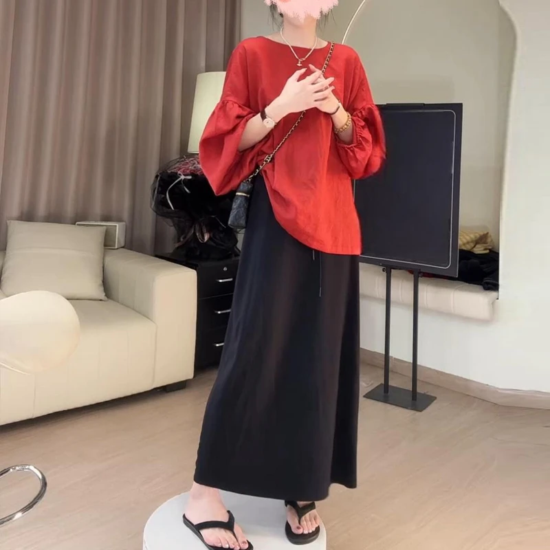 韩系慵懒套装女夏季新款落肩灯笼袖防晒长袖罩衫休闲半身裙两件套