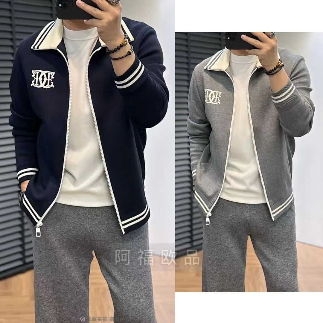 【阿福欧品】男士顶奢百搭撞色翻领针织外套