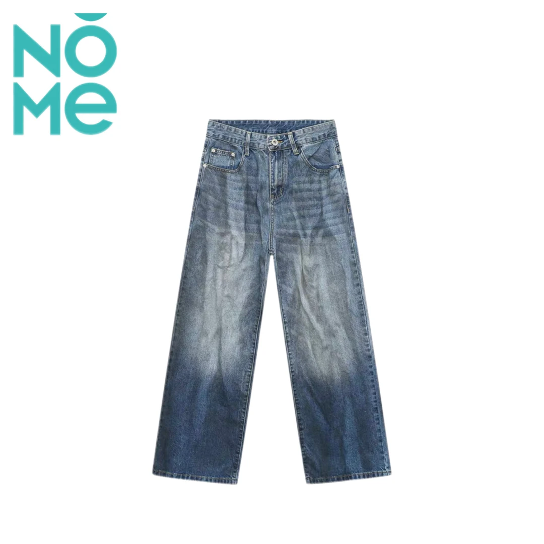NOME潮牌美式复古褶皱水洗磨白猫须浅蓝色牛仔裤男直筒宽松裤子