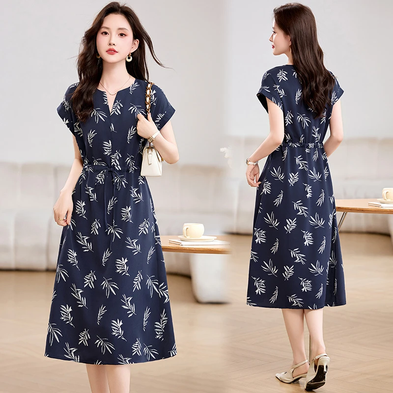 法式轻熟风复古印花连衣裙女2025夏季新款系带收腰显瘦中长款裙子