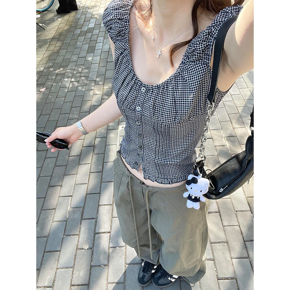 复古格子泡泡袖衬衫女装夏季设计感小众修身收腰独特漂亮短款上衣