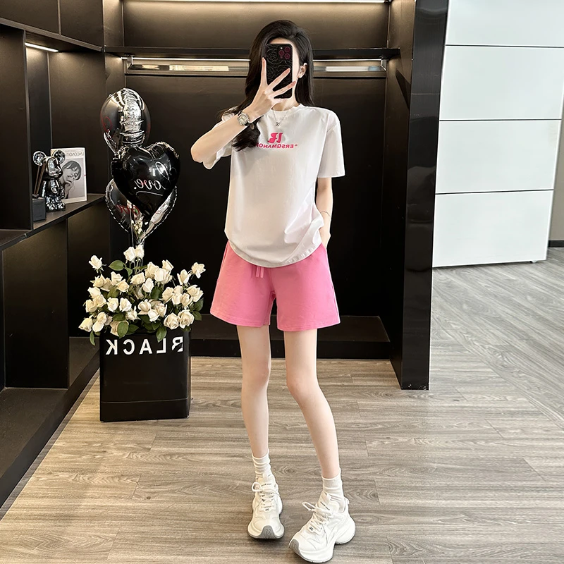 洋气减龄休闲运动套装女夏季宽松显瘦白色短袖T恤粉色短裤两件套