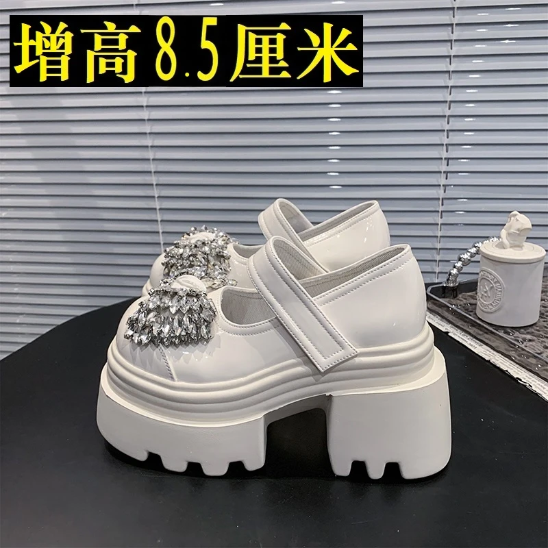 8.5cm厚底蝴蝶结水钻小皮鞋女鞋2025夏新款松糕粗跟玛丽珍乐福鞋