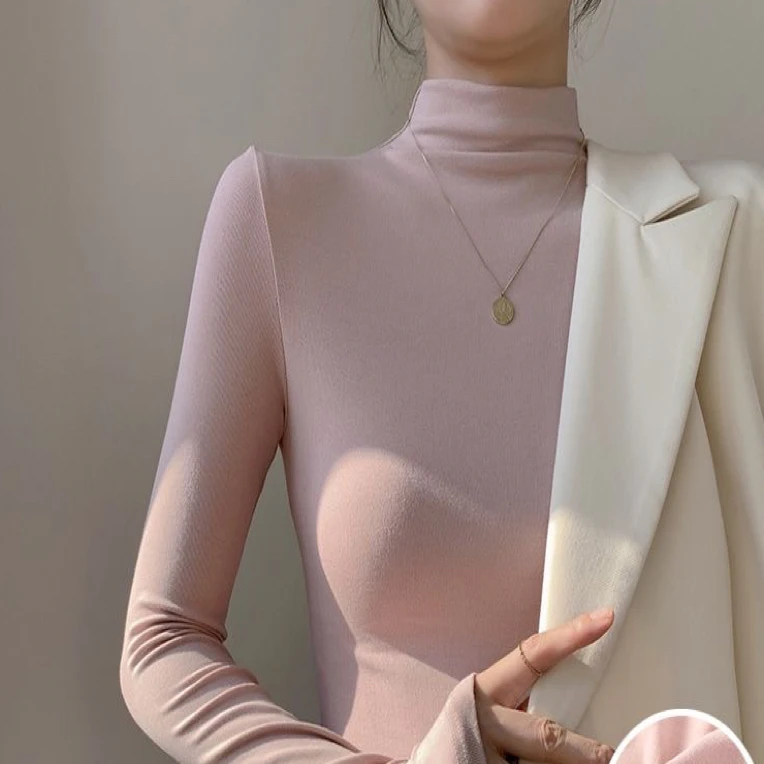 850半高领正肩打底衫女秋冬磨毛修身显瘦内搭长袖T恤洋气