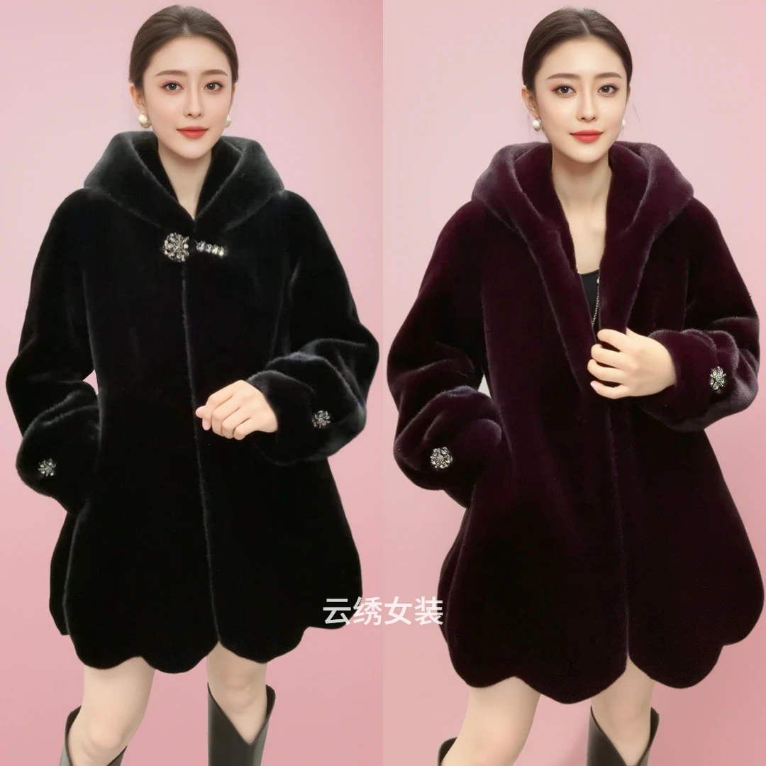 高档欧貂大衣女冬季新款时尚连帽仿皮草外套加厚保暖口袋气质显瘦