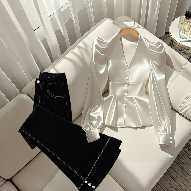 欧若风2025洋气衣服女高端时尚气质设计感显瘦衬衫炸街百搭直筒裤