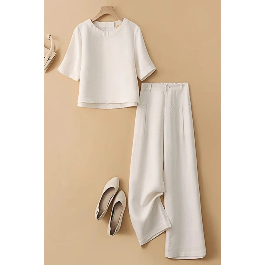100%亚麻套装女2025夏季新款短袖T恤阔腿裤两件套减龄衬衫休闲裤