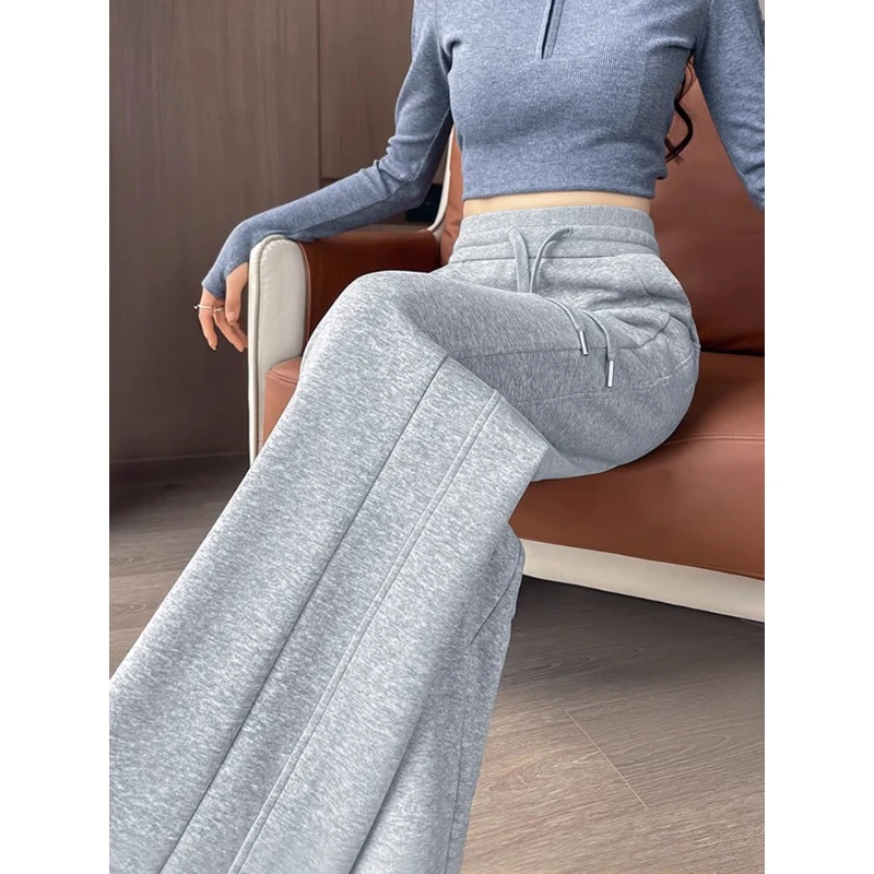 灰色阔腿裤女秋冬垂感加长高个子运动卫裤窄版直筒显瘦拼接香蕉裤