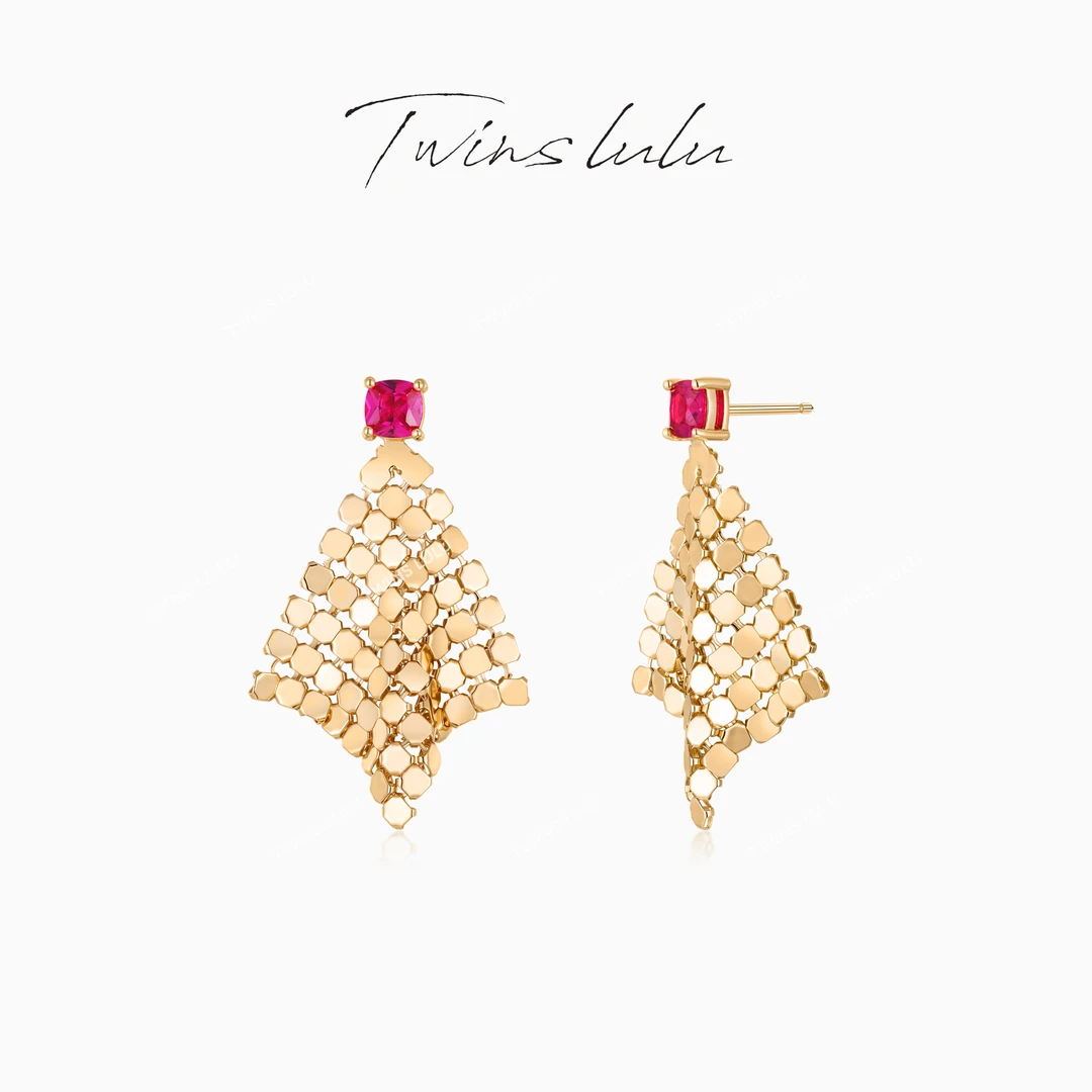 TWINS LULU【方影蜂巢】圣诞节 镀K金 简约几何玫红色耳环TSL3256