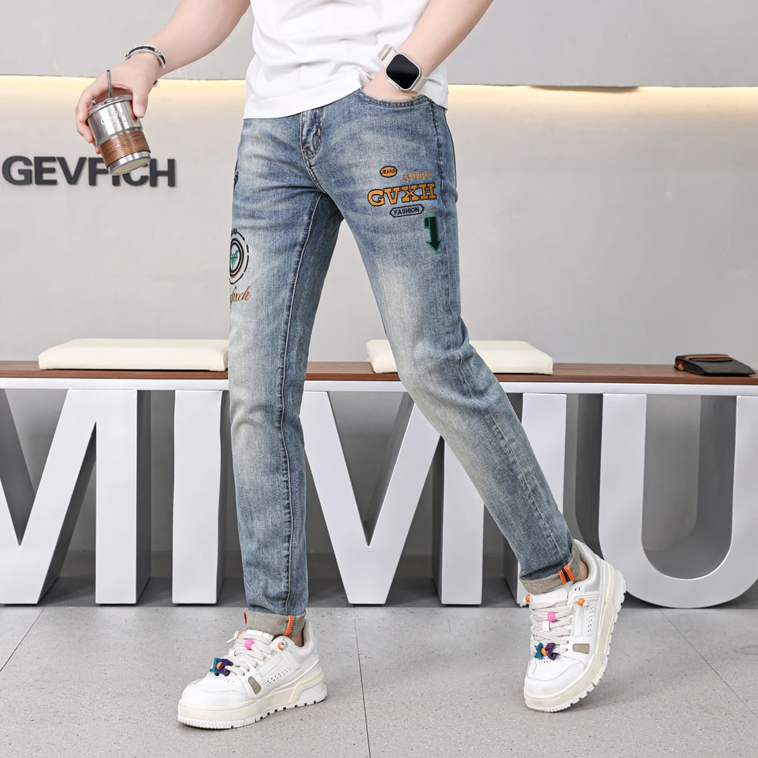 夏季薄款高端刺绣牛仔裤男修身小脚裤中青年时尚潮流休闲弹力长裤