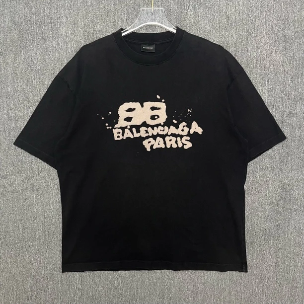 95新 Balenciaga/巴黎世家 泼墨印花黑色圆领短袖/M码/95新/13026