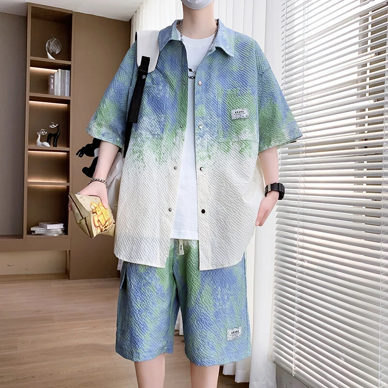 夏季短袖衬衫套装男生潮流时尚休闲百搭韩版宽松青少年短裤两件套