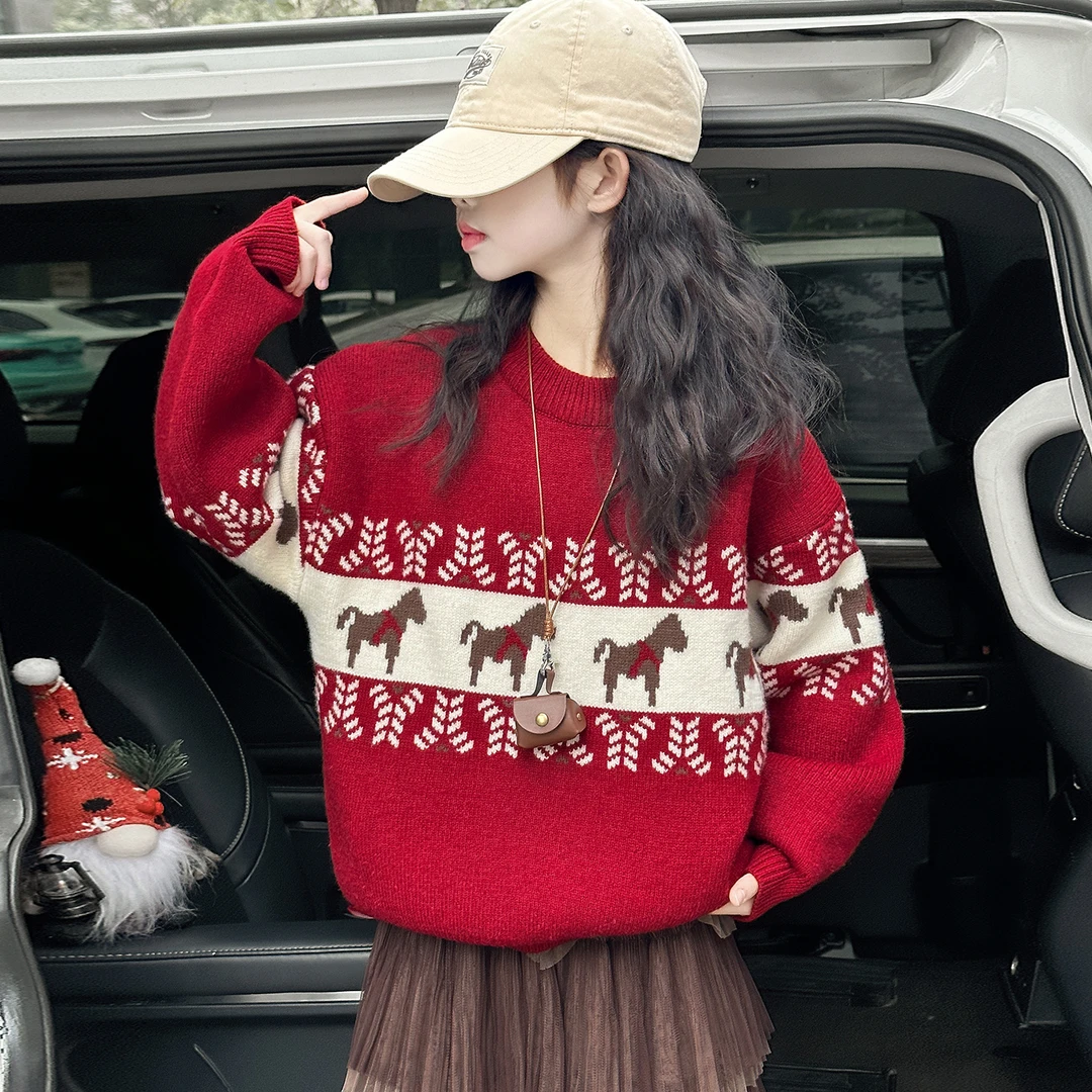 女童红色毛衣冬季2025新款女孩洋气儿童针织衫秋冬大童加厚毛线衣