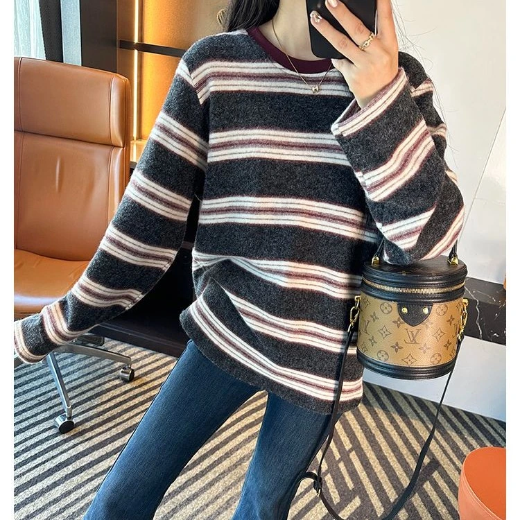 撞色兔绒条纹圆领长袖T恤女秋冬复古慵懒宽松显瘦打底上衣百搭