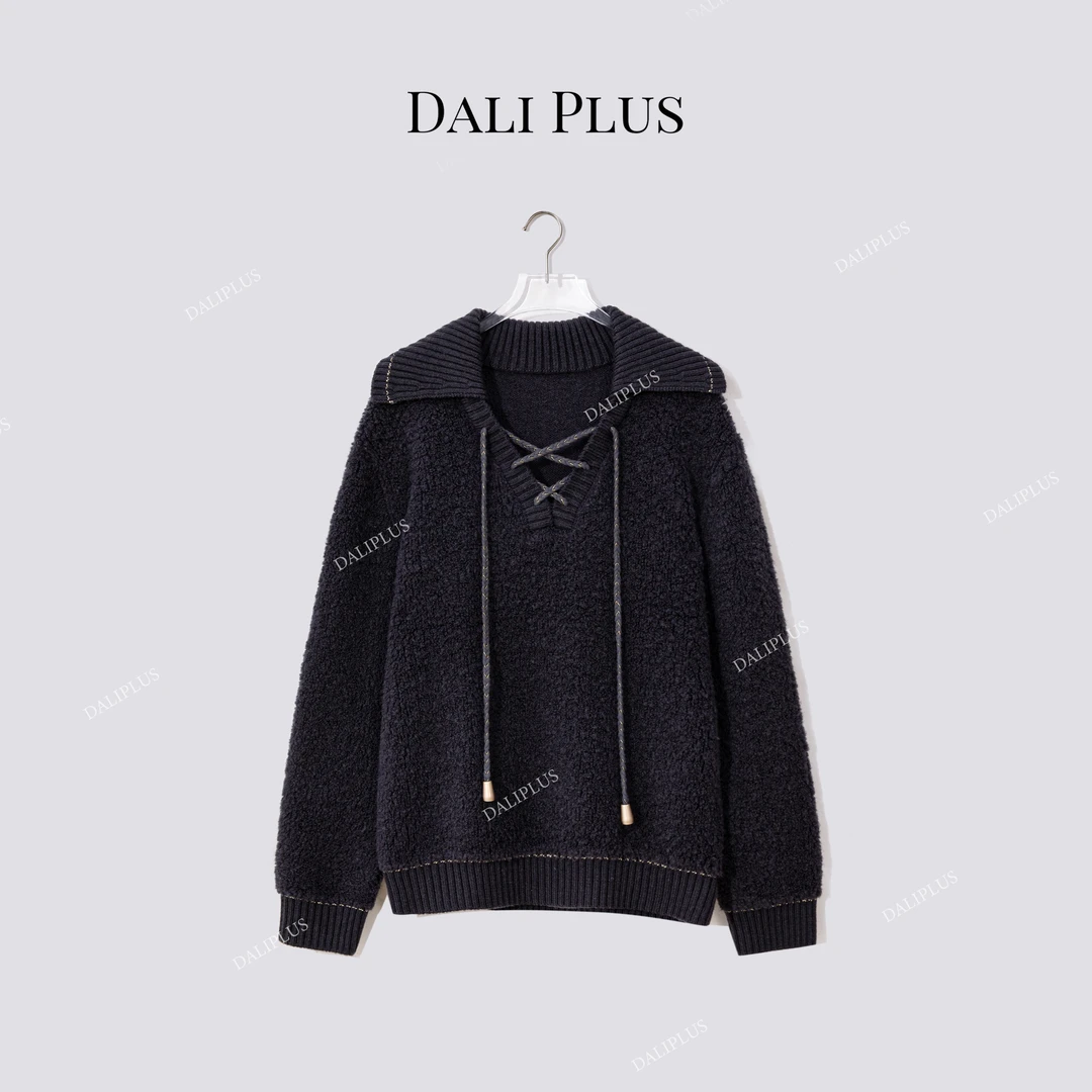 DALI PLUS“100羊毛加厚圈圈毛毛衣”翻领系带设计针织-D5MM3202