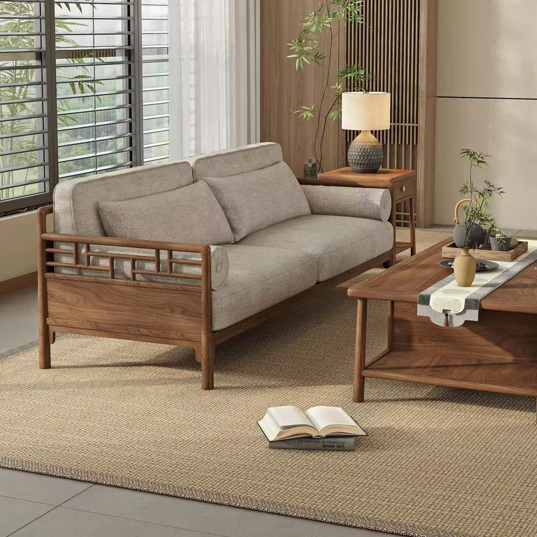 新中式实木沙发北美黑胡桃禅意客厅沙发组合轻奢家用古典复古茶几