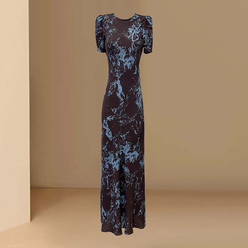 法式高级感晕染印花连衣裙女夏季2025新款韩版收腰显瘦气质长裙子