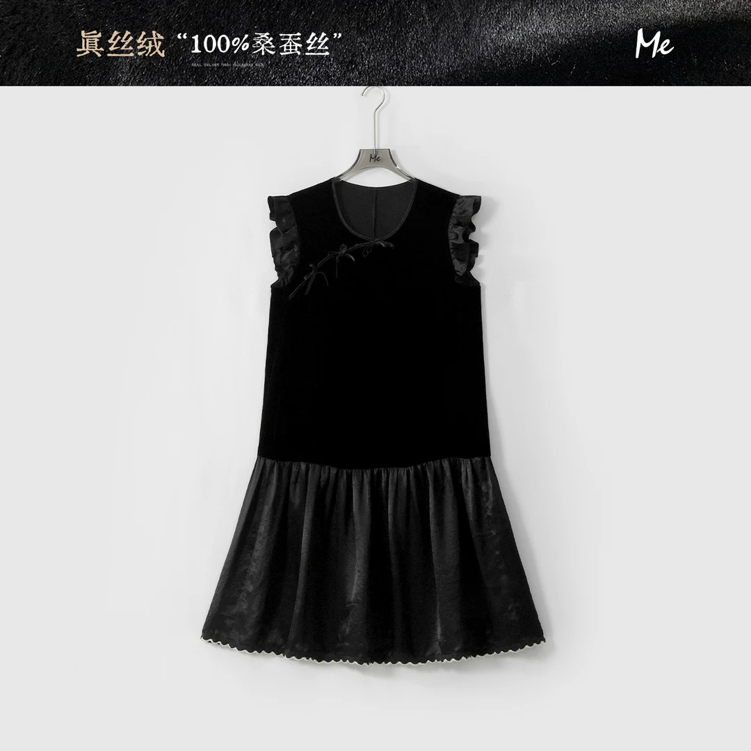 ME【真丝绒蝴蝶结旗袍】新中式荷叶边显瘦时尚休闲连衣裙MESS6332