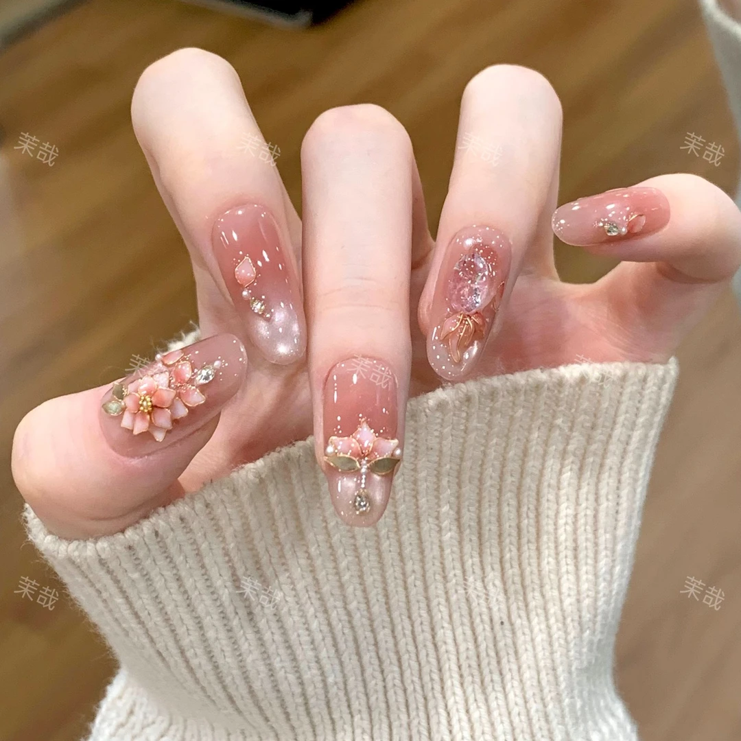 茉哉非遗【琉璃桃影】【非遗掐丝】纯手工定制美甲拆卸穿戴甲S1139