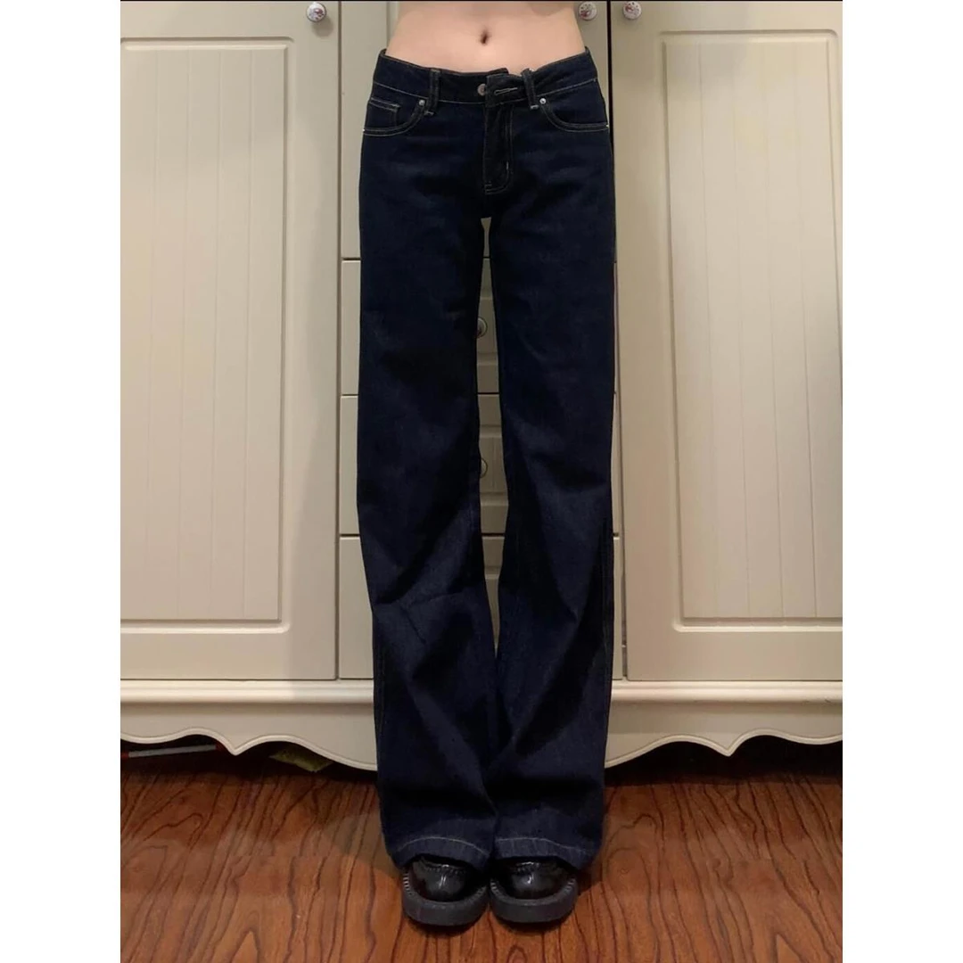 高个子加长原色微喇牛仔裤女夏季喇叭裤修身低腰裤美式深蓝色裤子