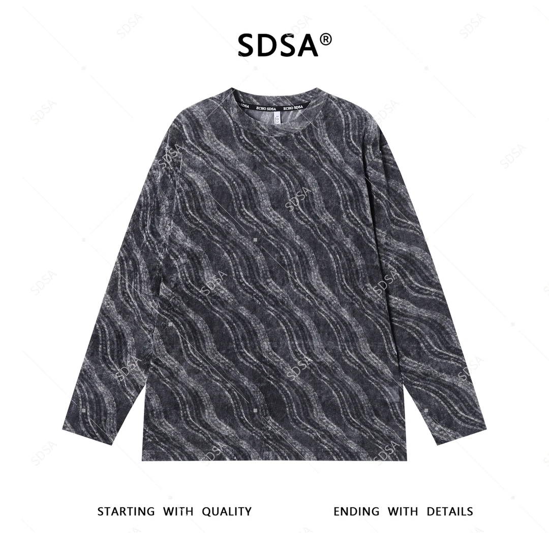 SDSA秋季新款男士痞帅韩版简约撞色波浪线设计圆领长袖T恤时尚潮