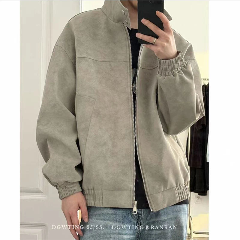 美式复古扎染皮衣外套男款春季痞帅立领机车服cleanfit飞行员夹克