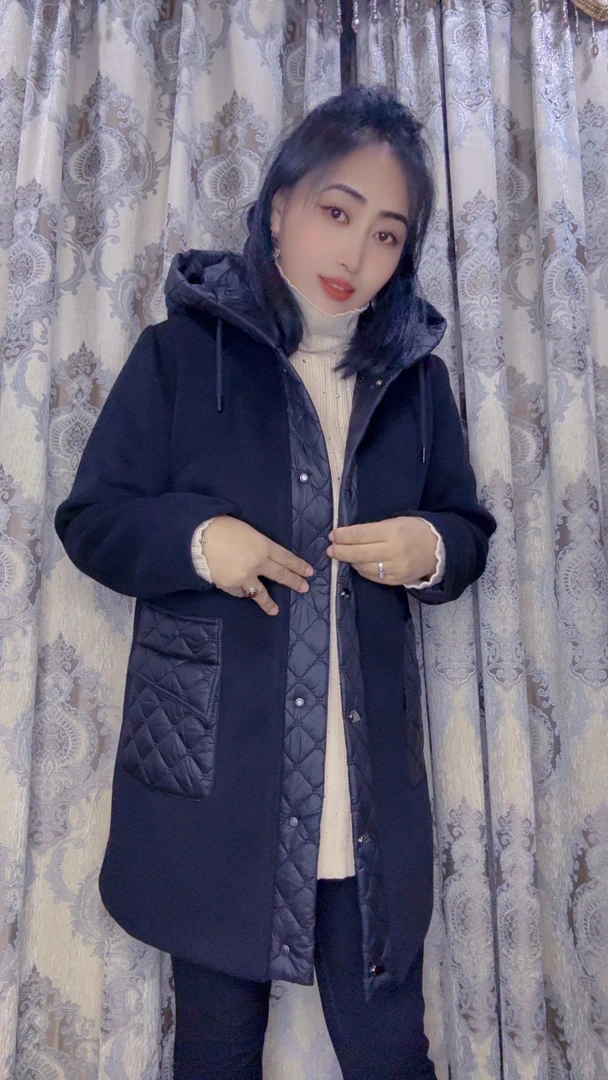 时尚宽松显瘦保暖连帽棉服中长款毛呢加棉外套