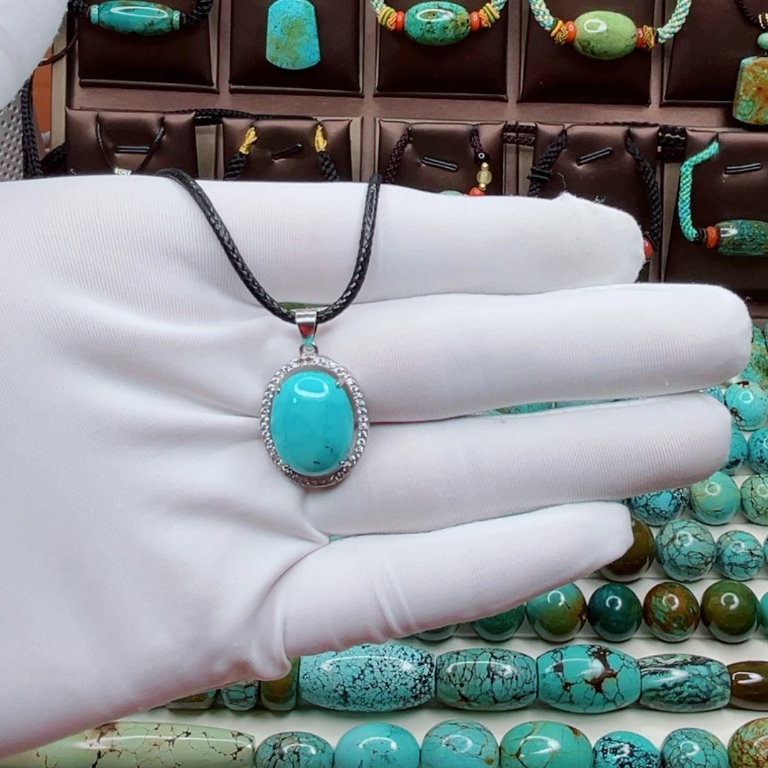 绿松石银S925镶嵌纯天然原矿绿松石