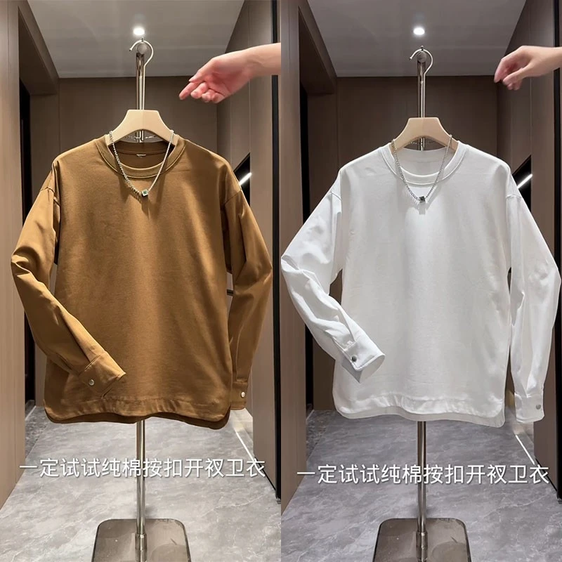 秋季新款纯色长袖T恤男韩版百搭圆领套头打底衫t简约舒适开衩卫衣
