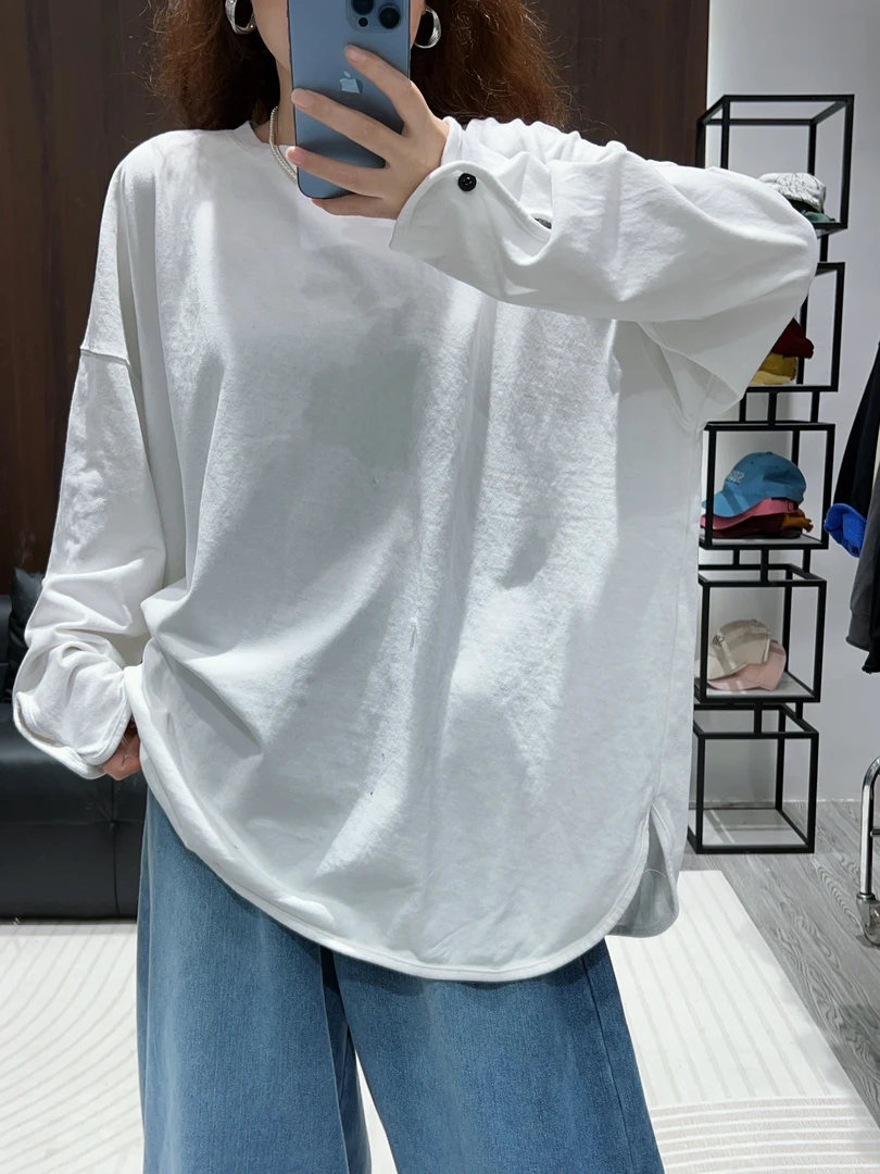 【袖子纽扣水洗棉磨毛T】宽松简约百搭纯色水洗棉磨毛长袖打底T恤女