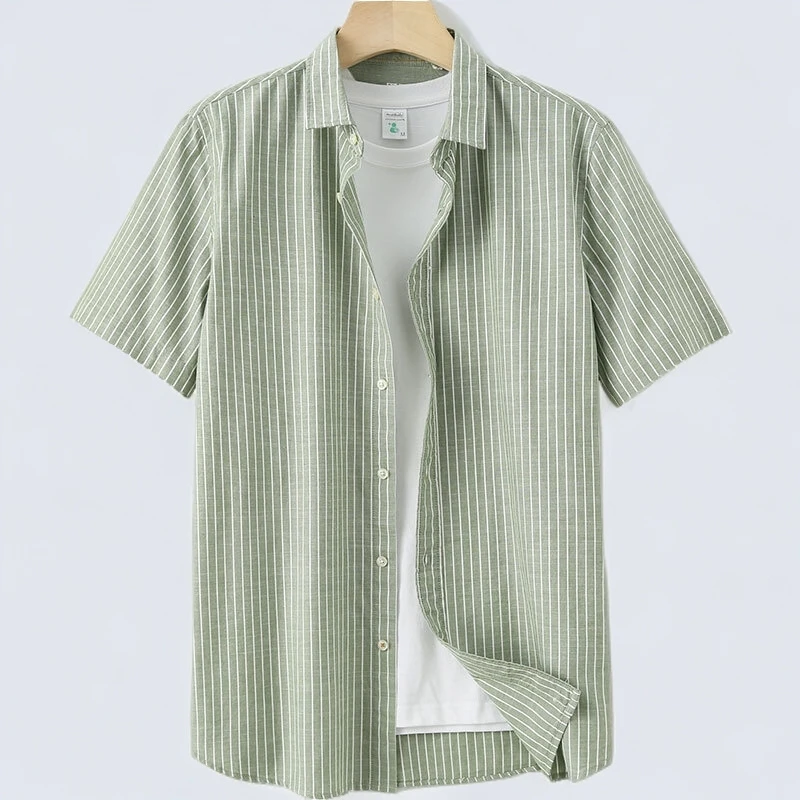 1028夏季男士短袖衬衫纯棉时尚休闲百搭宽松大码条纹男潮流中青年