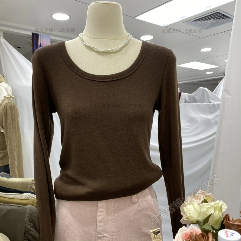 E念8012冬季新款u领棉质面料加绒保暖亲肤长袖打底衫T恤上衣女潮
