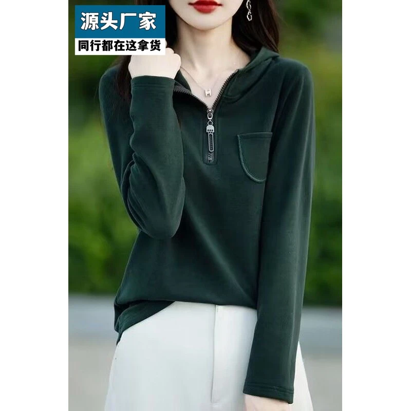 梵乐芬设计感休闲半拉链连帽德绒卫衣女新款正肩磨毛上衣保暖打底