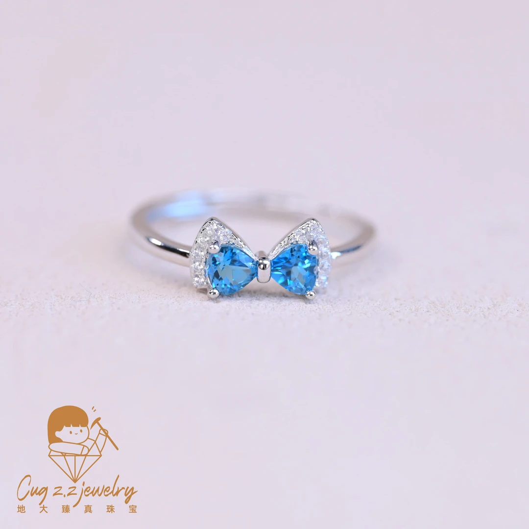 伦敦蓝托帕石天然宝石托帕石蝴蝶结戒指夏日新款礼物925银