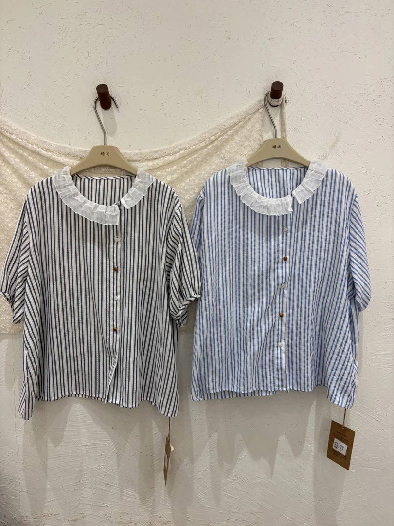 椿涧（55003）潮流花边条纹衬衫 kc