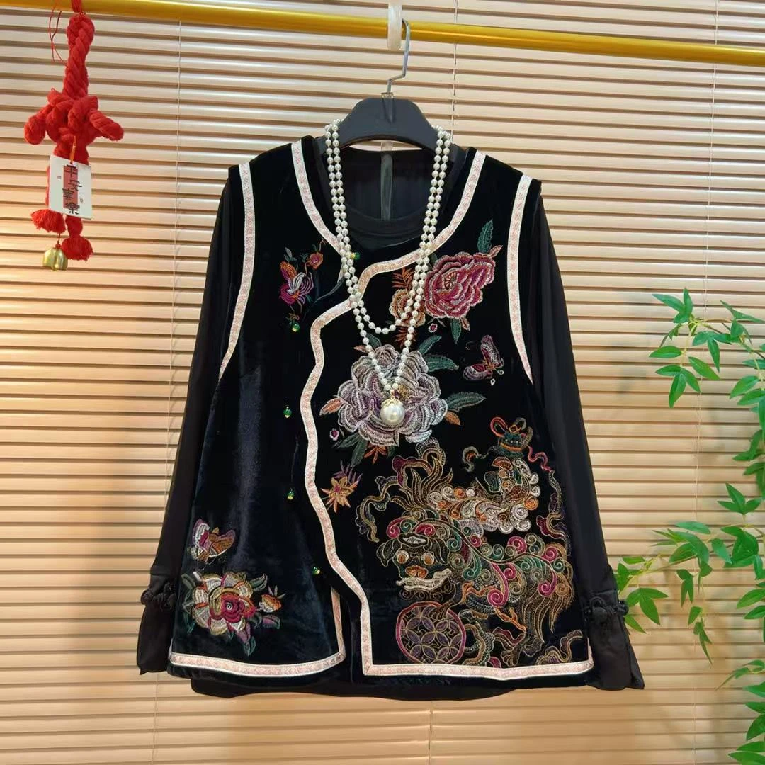 民族风别致重工刺绣马甲+打底衫胖YY2025秋季新款新中式国风套装