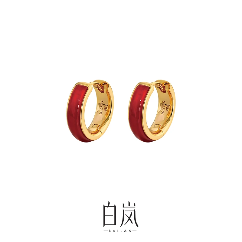 925银耳饰 白岚红色耳圈925银小众轻奢简约气质耳环耳钉新款
