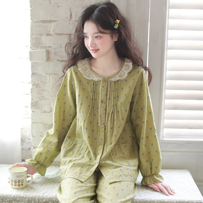 甜美少女春秋款纯棉纱布长袖圆领全棉韩版可外穿家居服睡衣