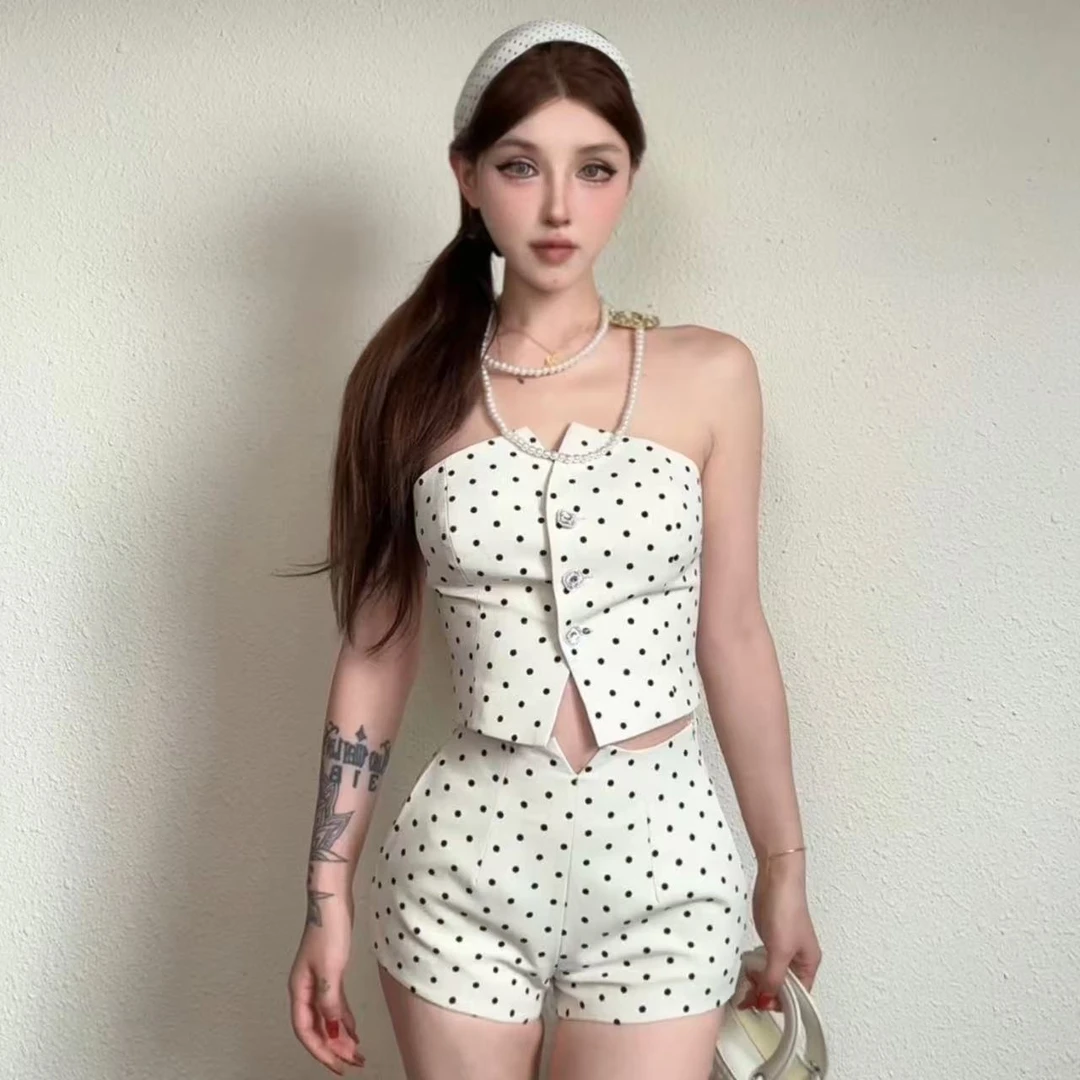 龙牙童推荐【法式波点】显瘦气质夏季无袖套装裙两件套修身碎花性感