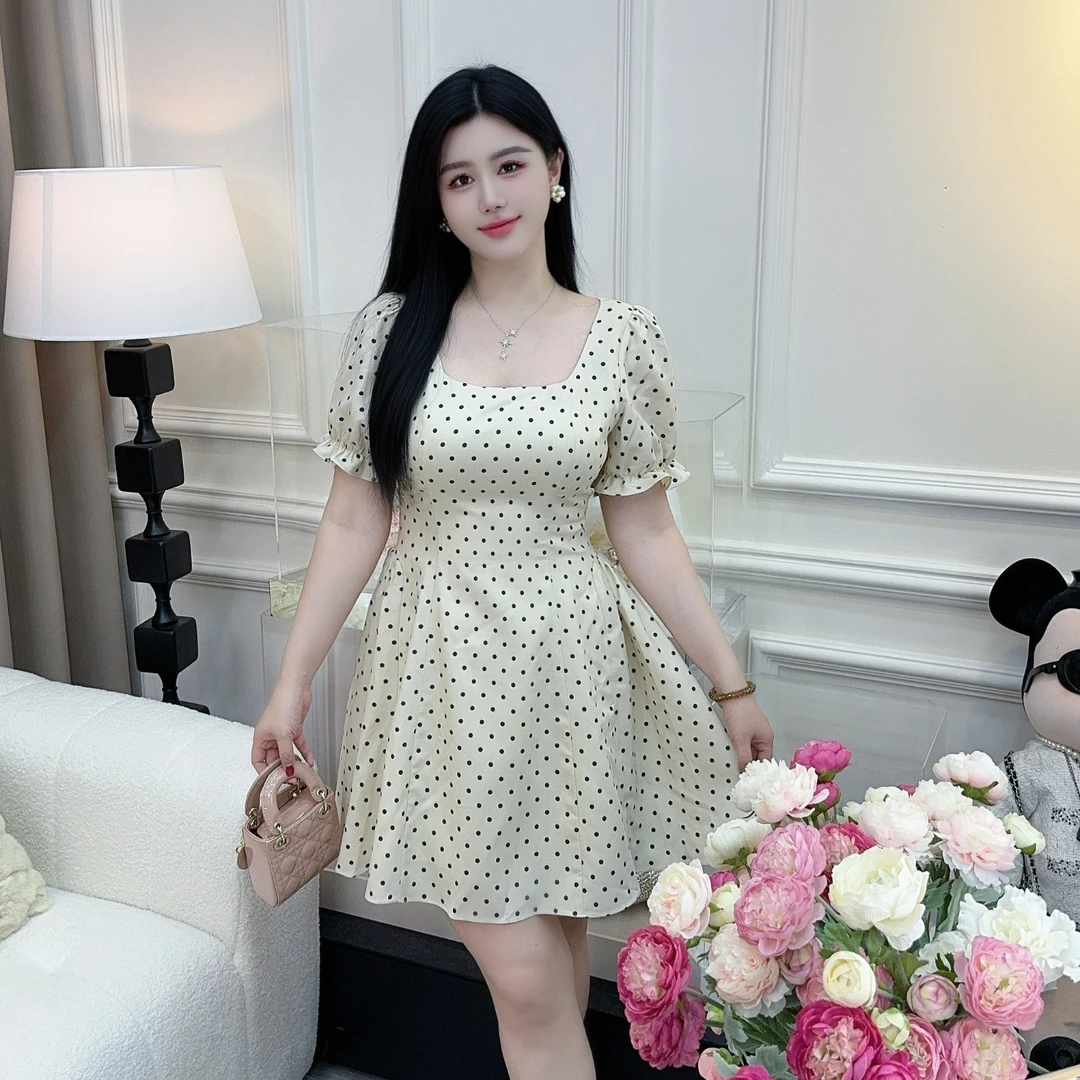 Jasmine【miu系波点】杏色方领连衣裙女夏季法式气质收腰显瘦裙子