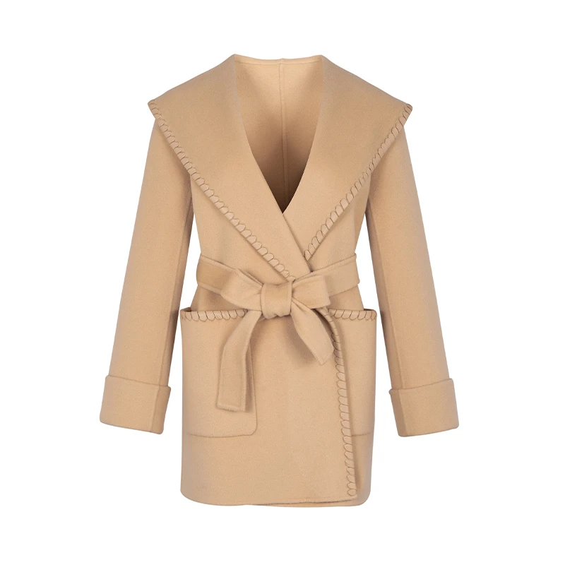 【直播专享】商场同款皮料镶边大翻领设计大衣N2110B34007